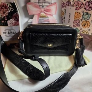 Michael Kors Black Leather Crossbody Camera Bag with Tassel